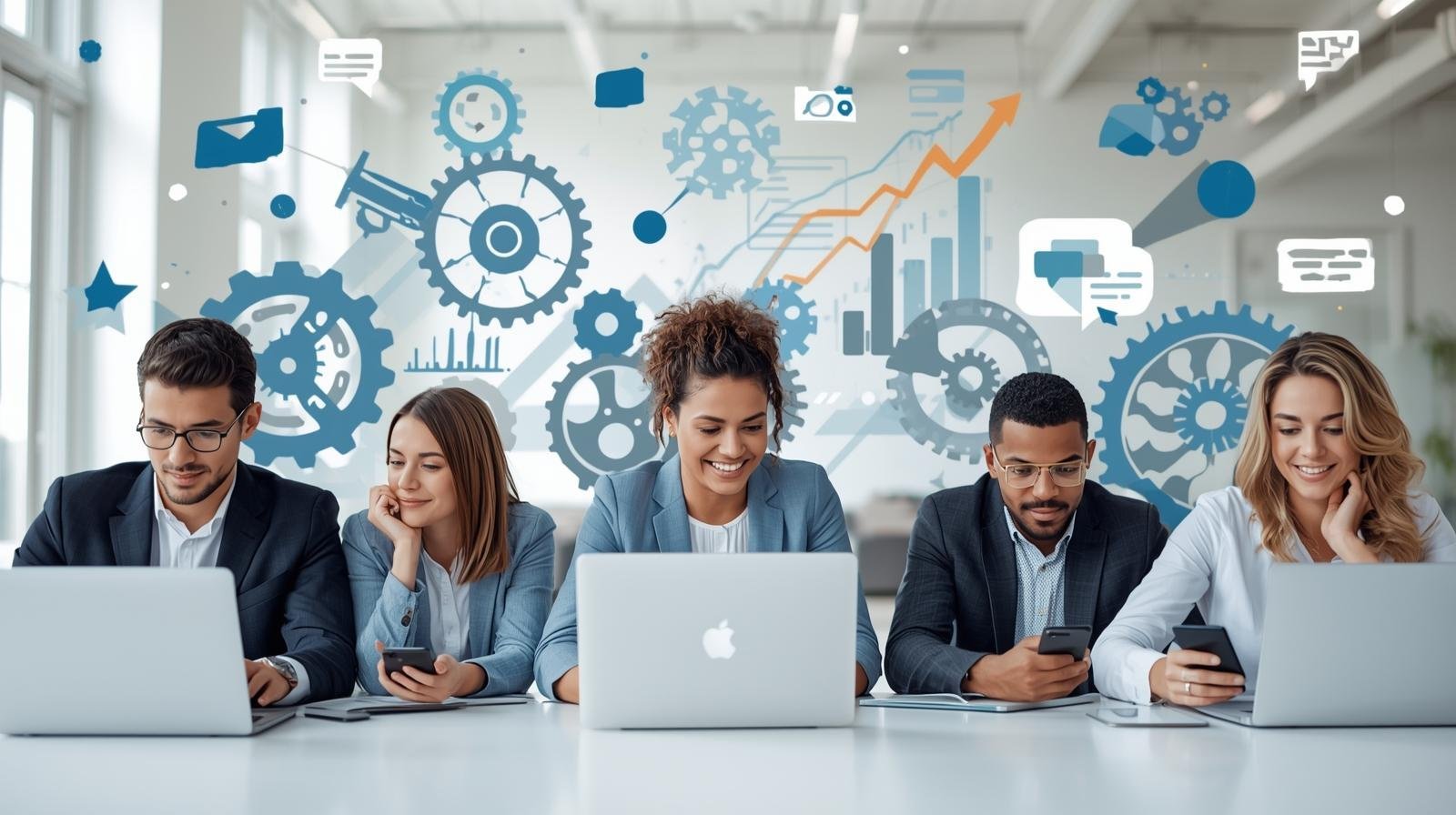 Equipe de uma pequena empresa sorrindo enquanto utiliza um software de automação de marketing para o