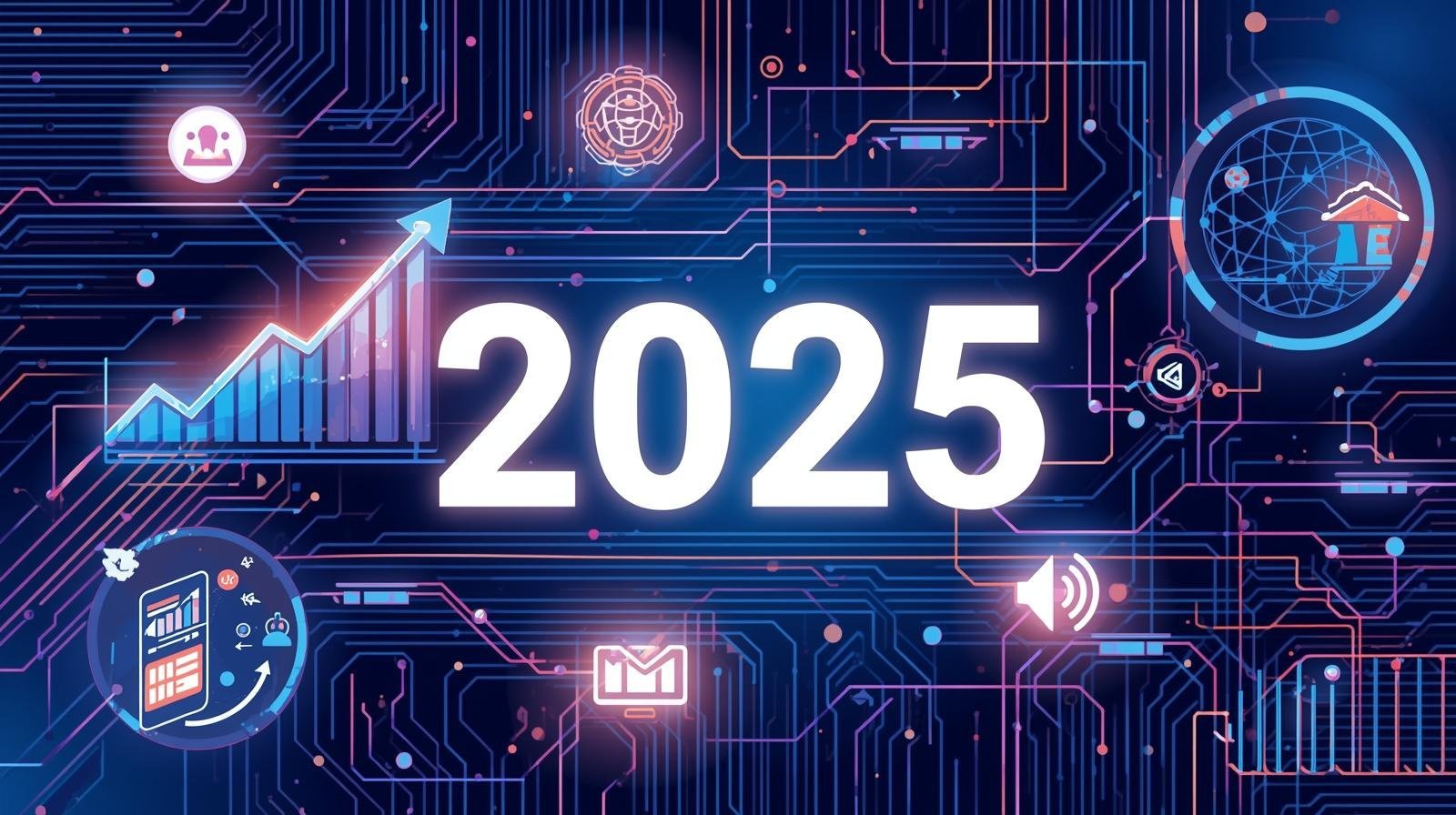 Gráfico de crescimento apontando para o ano de 2025, com ícones representando as tendências de SEO 