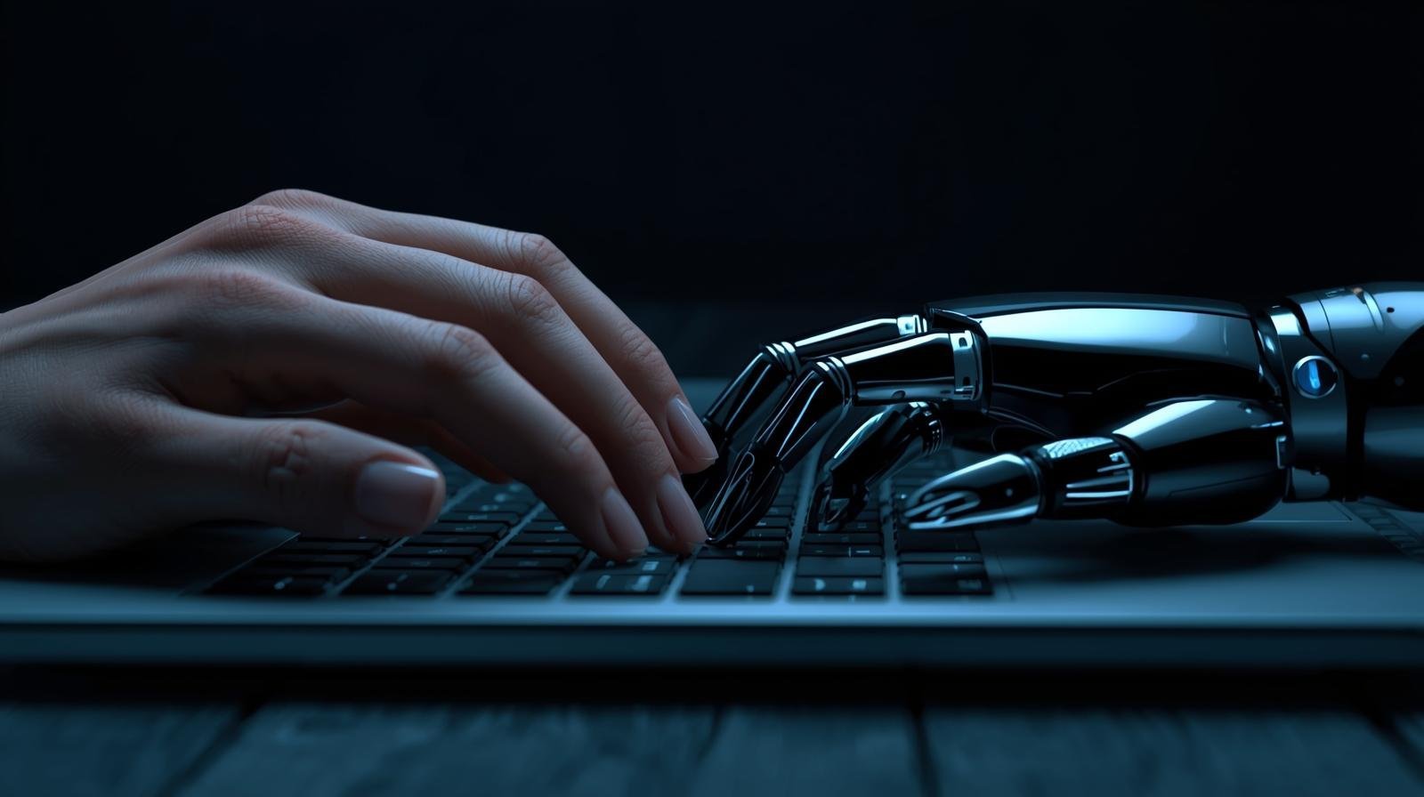 Mão humana e mão robótica digitando juntas em um teclado, simbolizando a colaboração e a IA.